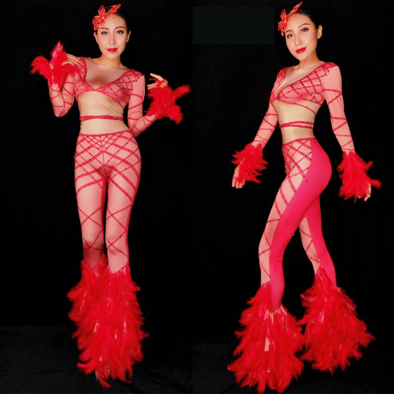 

Women Sexy Red Feather Flared Jumpsuit Fake Diamond Print Stretch Bodysuit Pole Dance Clothing Gogo Dancer Costume