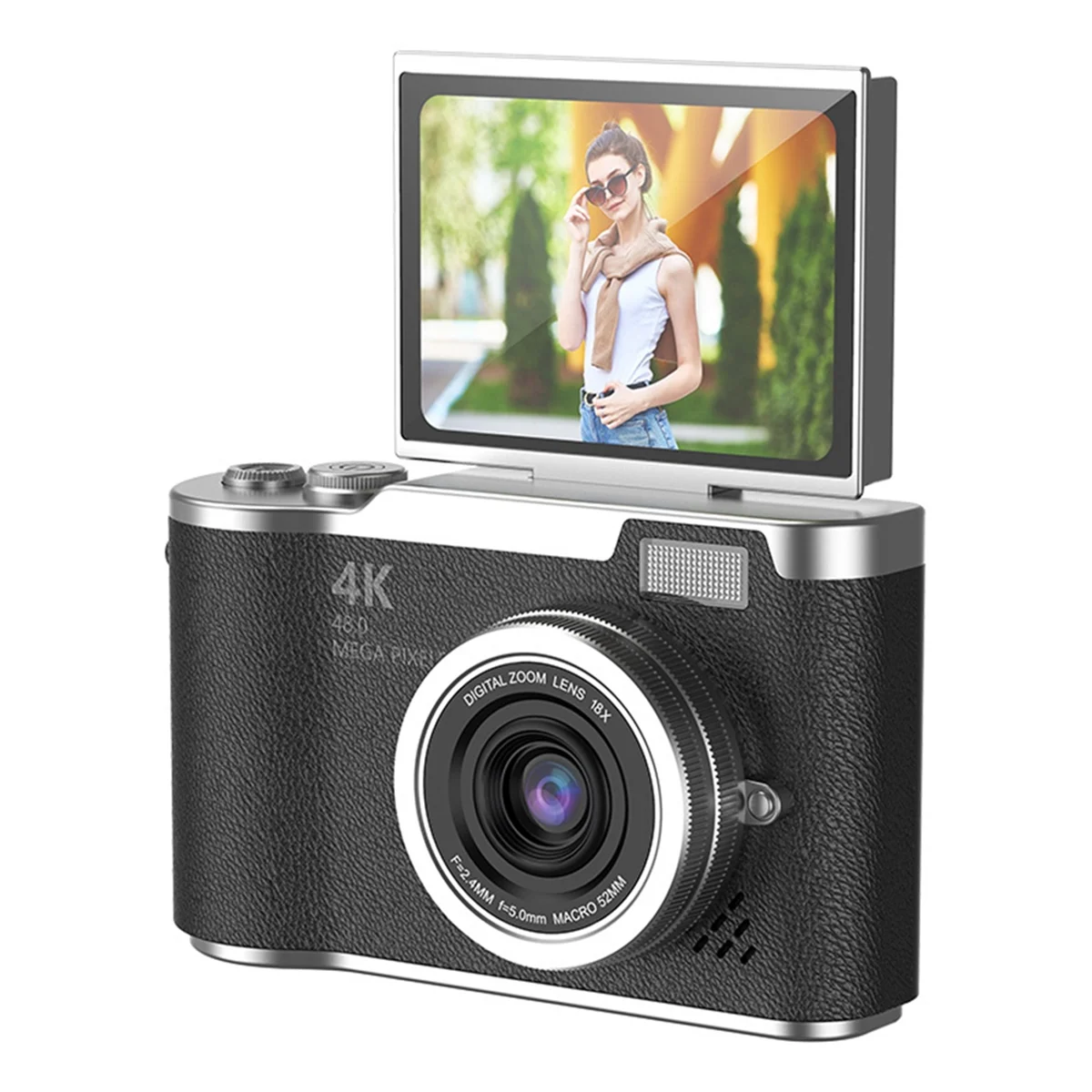 A20M 4K CCD 8X Digital Zoom Camera for Student 48MP Compact Digital Photography Camera 180 Flip Screen Selfile Camera Black