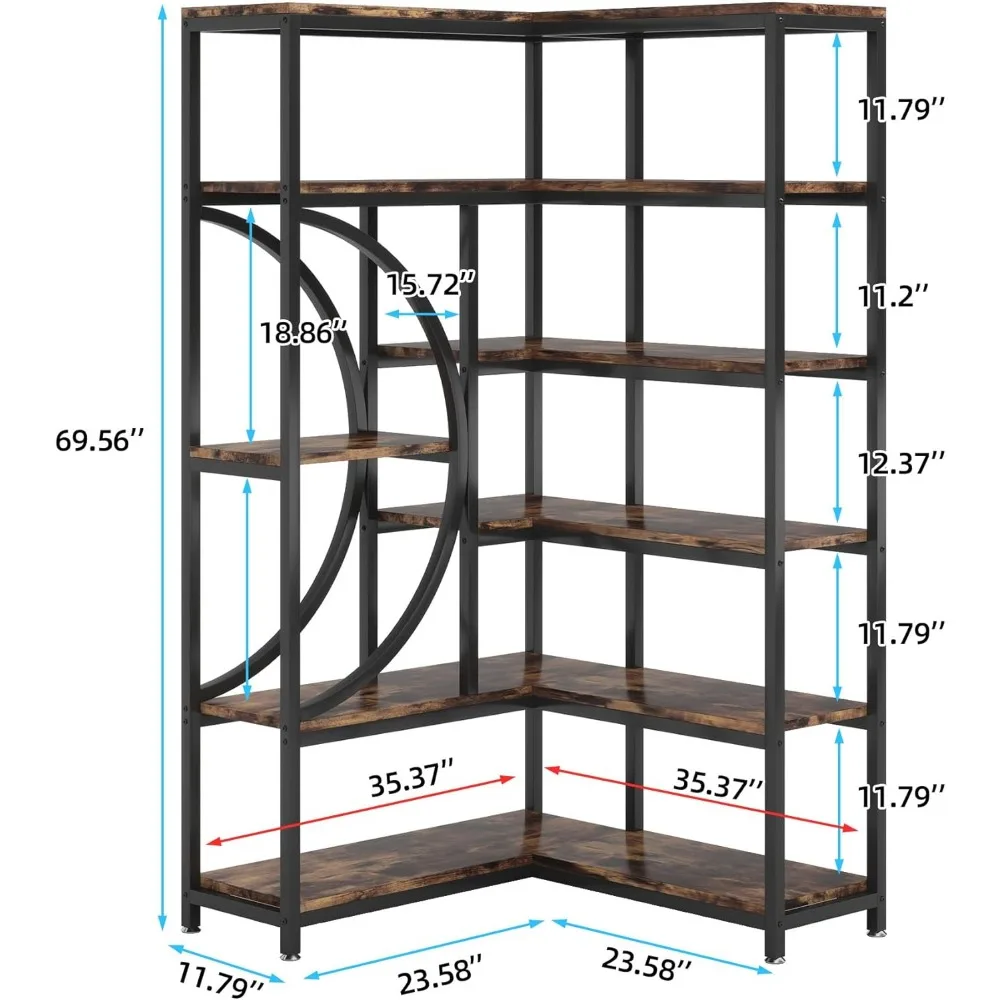 6-Shelf Corner Bookshelf Industrial 6-Tier Corner Etagere Bookcase, Large Corner Shelf L-Shaped Book Shelves