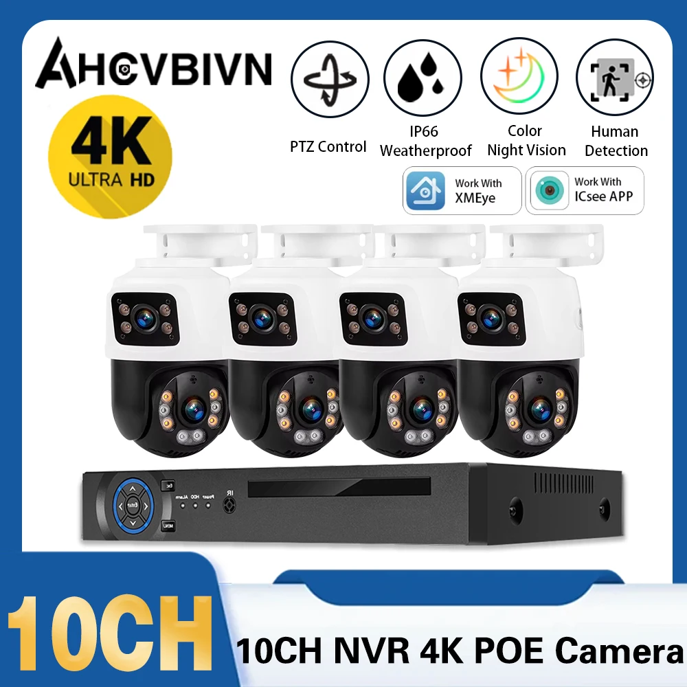 

Двухобъективная IP-камера POE PTZ 8 МП для наружного видеонаблюдения с двусторонней аудиосвязью, комплект 10-канального 4K POE NVR ICsee XMeye