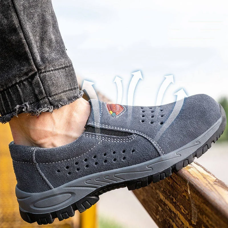 men casual breathable steel toe caps working safety shoes slip-on cow suede leather safe shoe worker grey security boots protect
