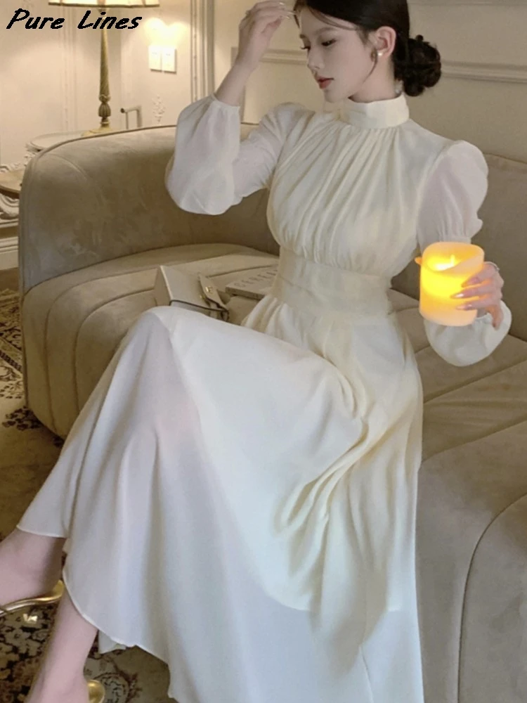 

Women's French Elegant Lantern Long Sleeve Princess Dresses Korea Slim Fit Midi Dress Holiday Female Chic Evening Party Robe