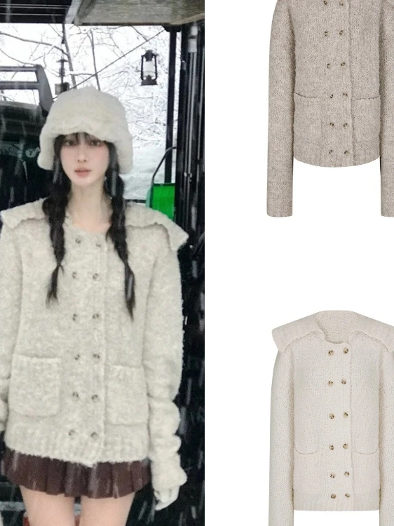 

Soft Cozy Women's Knitted Cardigan Large Collar Double Button Plu Outerwear Ele Sle Winter Warm Gentle Touch Sweater