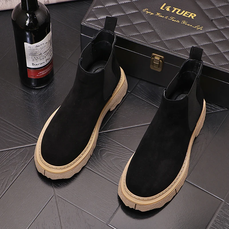 italian brand designer mens fashion chelsea boots cow suede leather shoes stage nightclub dress platform ankle boot short botas