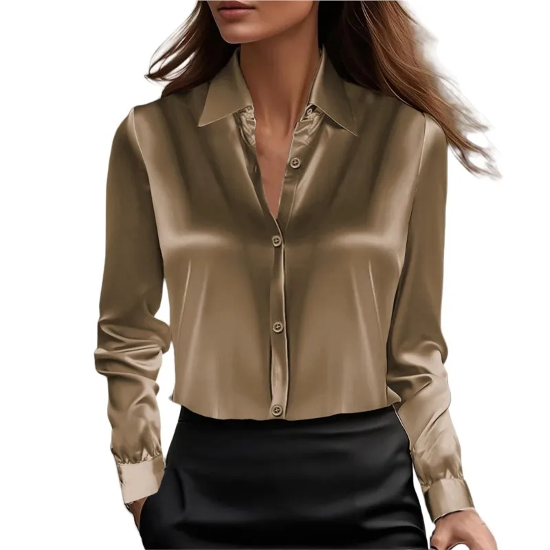 

2025 Autumn Elegant Long Sleeve Shirt Women Spring New Solid Color Casual Silky Smooth Button Tops Office Ladies Blouse Femme