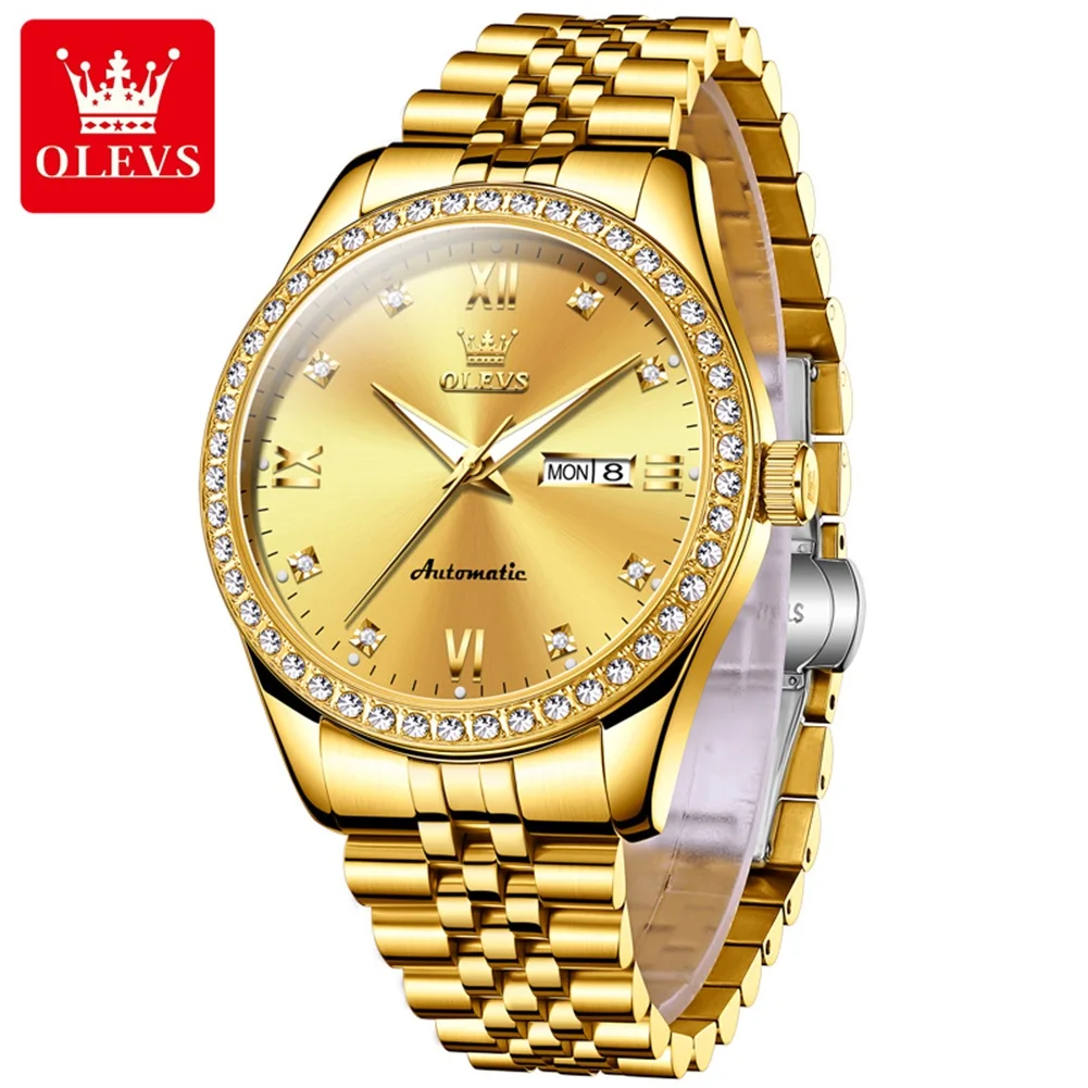 OLEVS 7012 Top Original Mechanical Watch for Men Luxury Diamond Lap Dual Calendar Classic Bussiness Men\'s Automatic Wristwatches