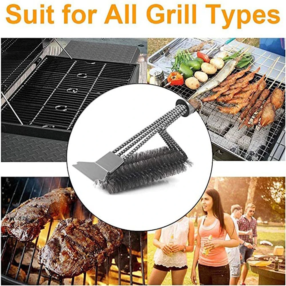 BBQ Cleaning Brush Kitchen Accessories Stainless Steel Cooking Tools Triangle Grill Barbecue Kit Wire Bristles Camping Supplies