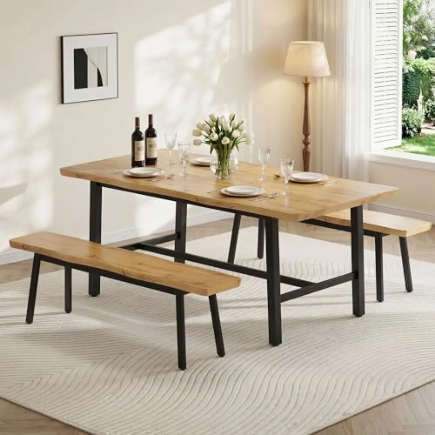 59” Farmhouse Dining Bench Pair of 2, Long Kitchen Benches | 6-8 Person, Wave Design Kitchen Table Benches, Entryway