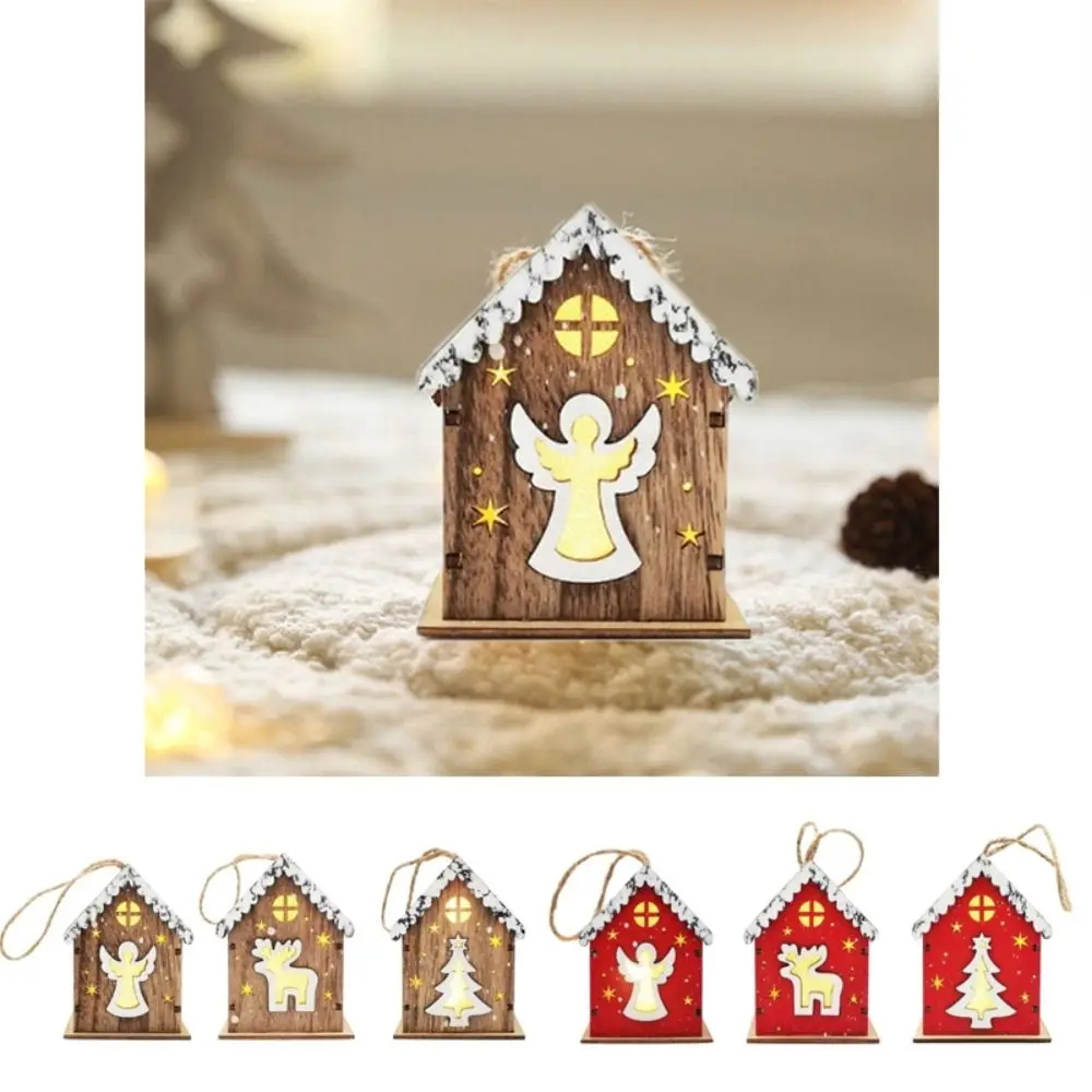 Red/wood Christmas Wooden House Pendant with Rope Exquisite Workmanship Glowing Log Cabin Angle Elk Santa Claus