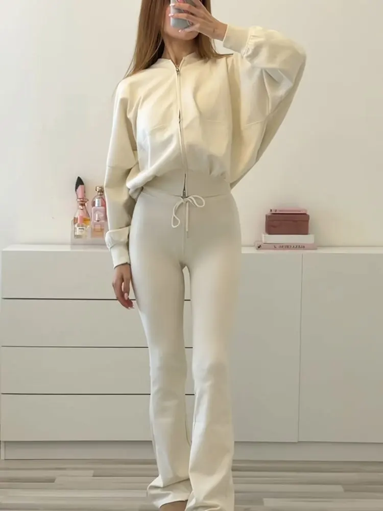 HH Autumn Women Elegant Solid Pants Set Long Sleeve Zipper Bomber Jackets Drawstring Slim Flare Pant Casua Loffice Lady Suits