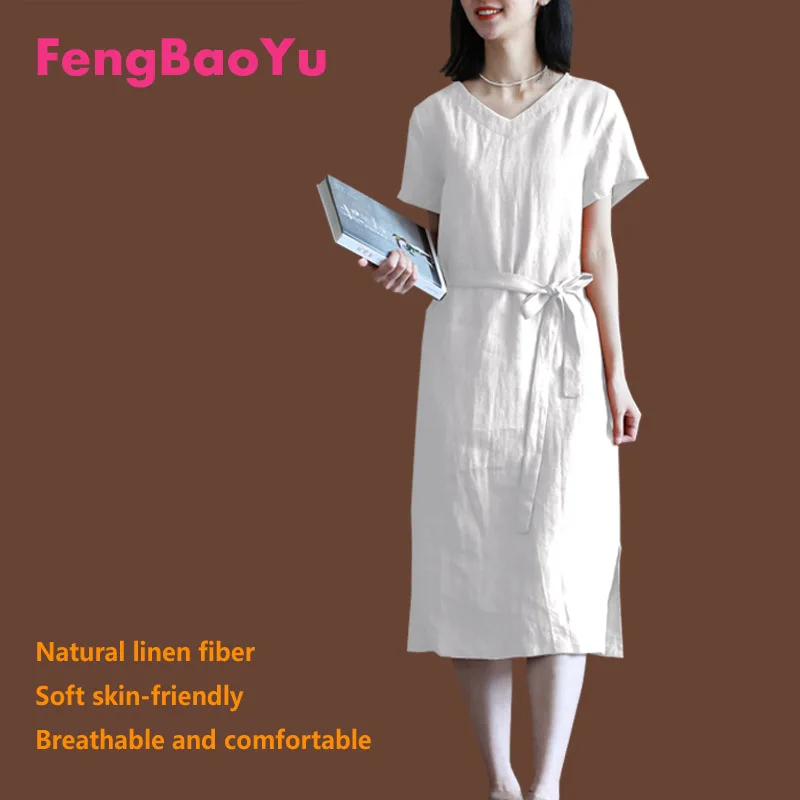 

Fengbaoyu Linen Summer Ladies Short-sleeved V-necked Dress Vintage Literature Art A-strapped Medium-length Skirt Free Shipping