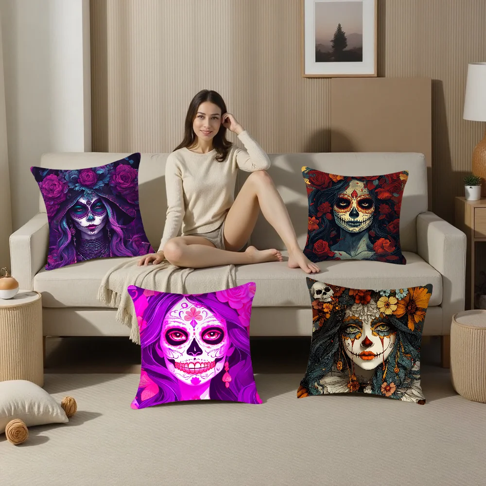 Sugar Skull Girl Pillow Case Plush Fabric Soft Pillowcase Double Sided Print Sofa Cushion Cover Throw Pillow Cover