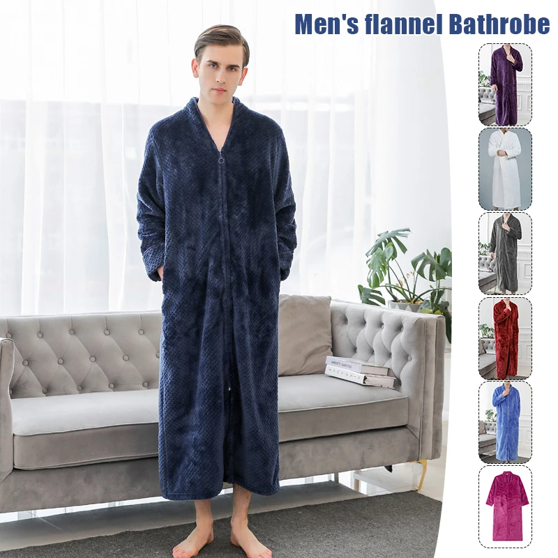 

M-XL Winter Flannel Men Bath Robe Long Thicked Warm Zipper V-neck Luxury Coral Velvet Lengthen Men's Pajamas Male Home Clothing