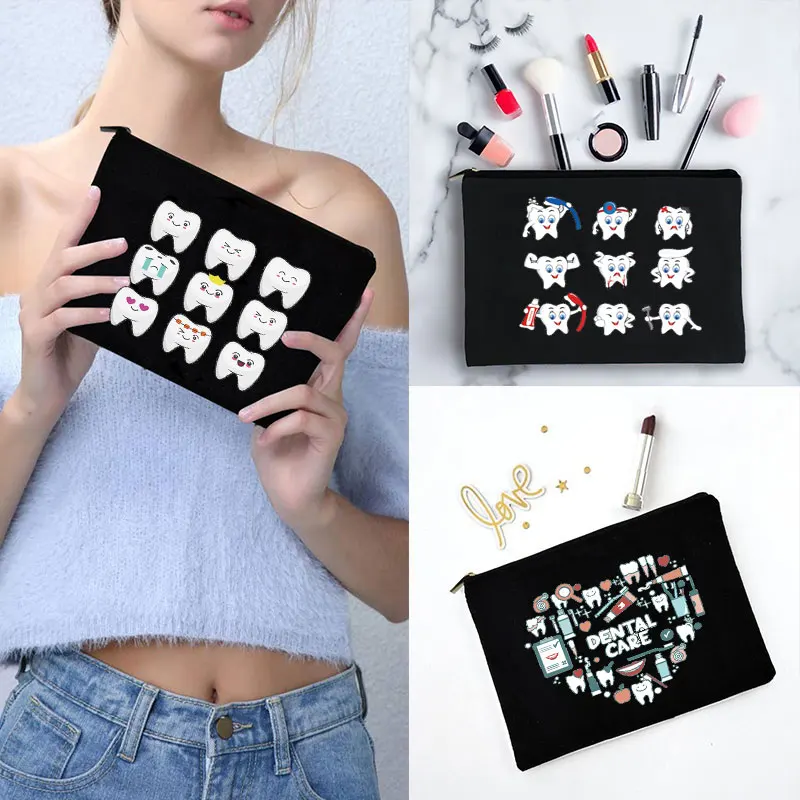 Fashion Makeup Storage Bag Woman Canvas Cosmetic Bag Cartoon Teeth Pattern Printed Belt Zipper Beige Coin Purse Pencil Case