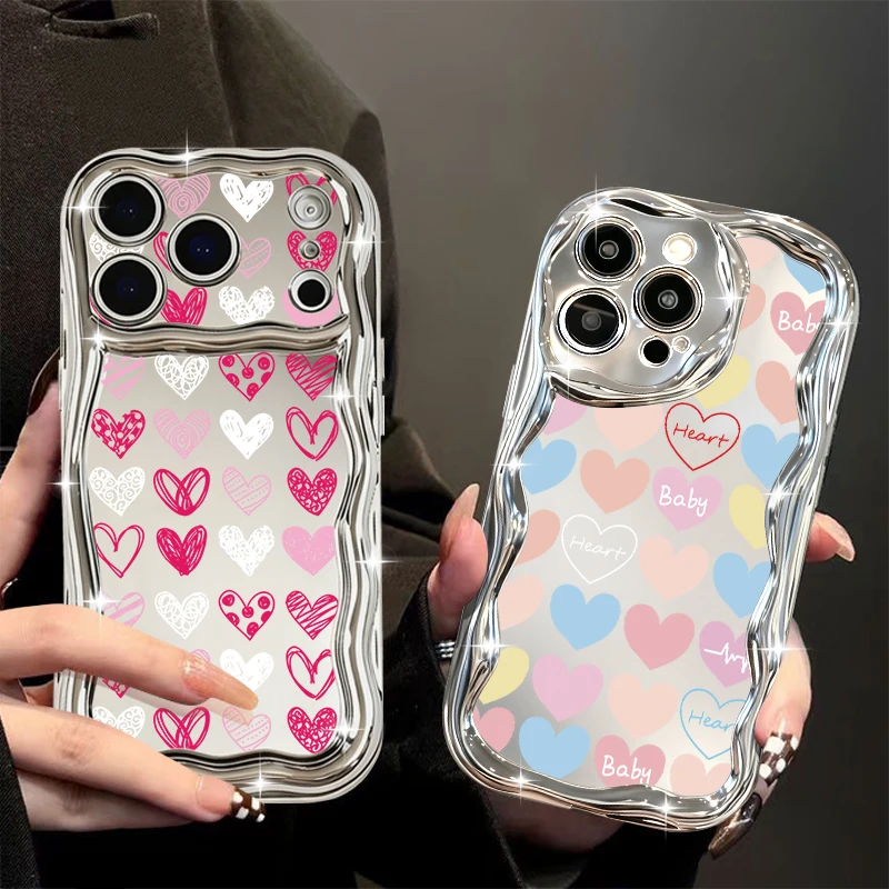 Electroplating Silver Case For iPhone 17 16 15 14 13 Pro Max 15 Plus Air 16e 12 11 Little Heart Print Plating Mirror Phone Cover