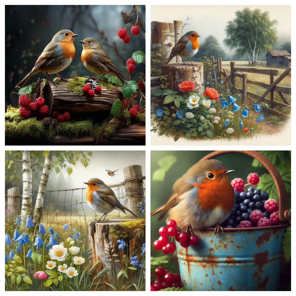 Farm Scenery and Robin DIY Diamond Art Painting Beautiful Birds 5D Diamond Embroidery Hand Mosaic Mural Home Decor Creative Gift