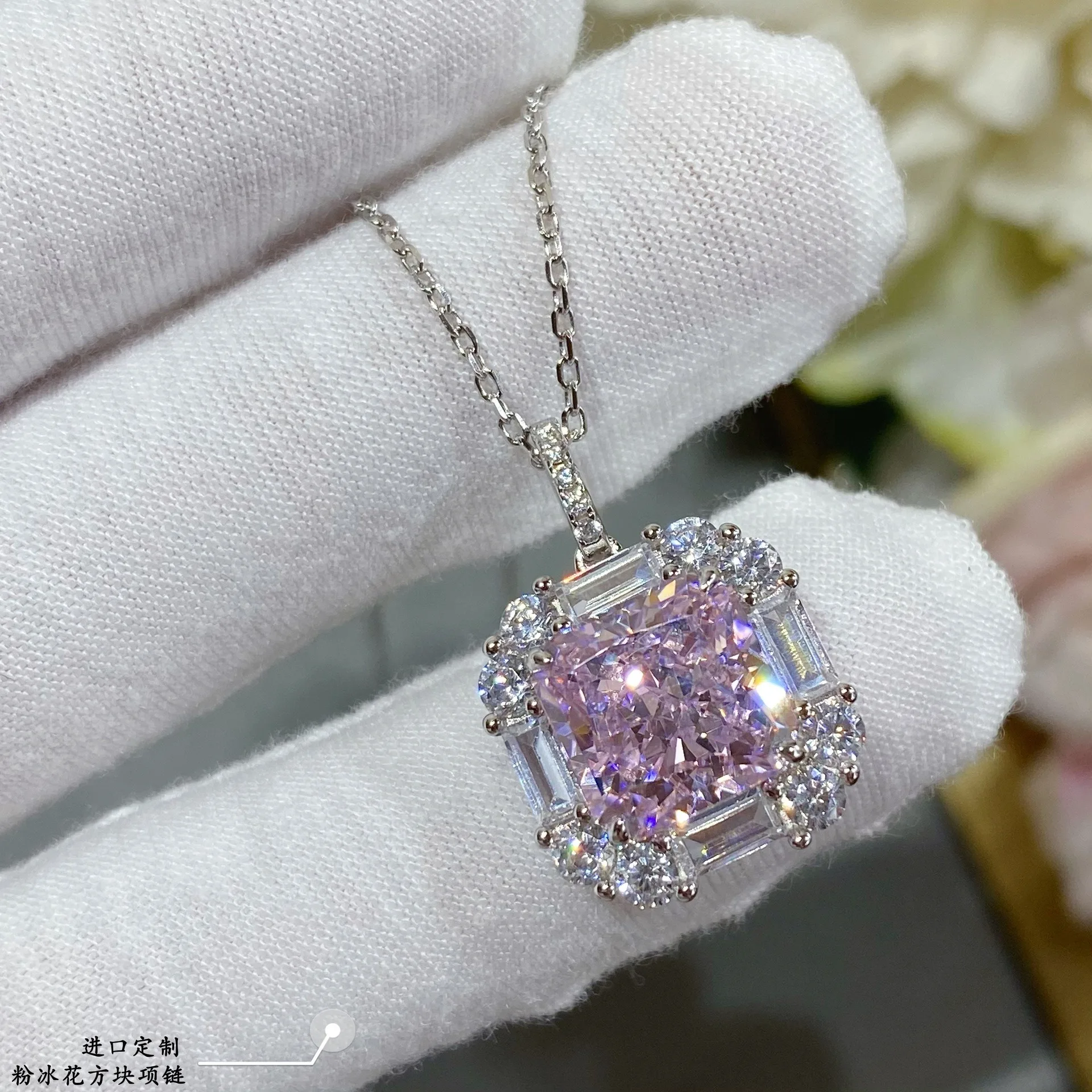 925 Sterling Silver Necklace Radiant High Carbon Diamond  Pendant Pink Gemstone Wedding Engagement Jewelry