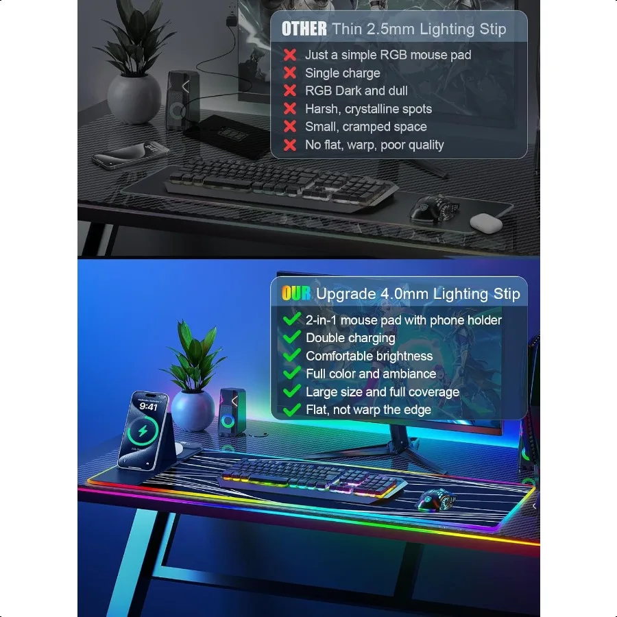 XXL-Mauspad mit Telefonhalter, RGB-Schreibtischunterlage mit 15 W Schnelllade-LED, großes Gaming-Mauspad mit 11 Lichtern, Farben, lange Maus