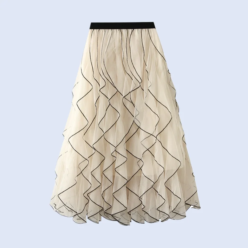 تنورة جديدة بحافة مكشكشة شبكية خرافية لعام 2026 للنساء، خصر عالي، على شكل حرف A، أرجوحة كبيرة، طويلة، نصف طول، جنية، خريف، جديد #4