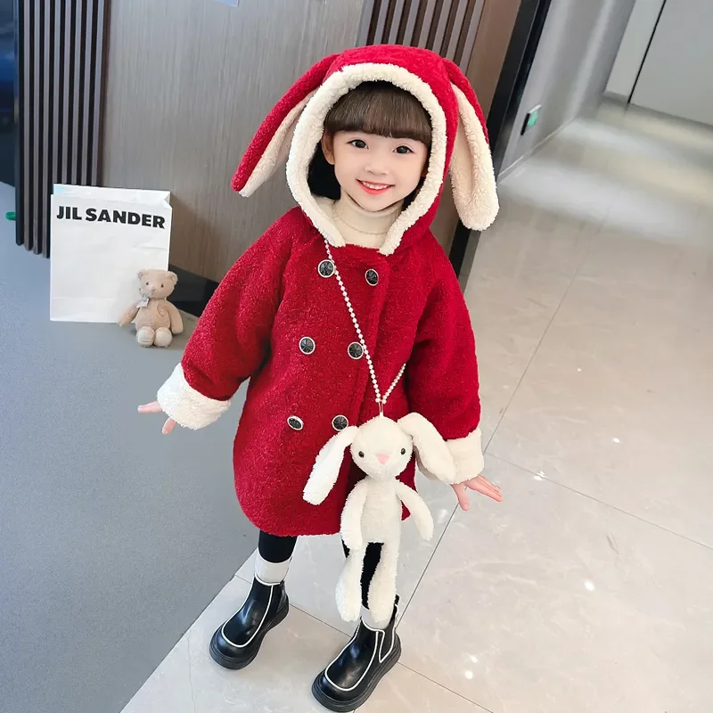 

2-12 Years Girls Winter Clothes 2024 New Kids Rabbit Ear Hooded Thick Lamb Wool Jacket Coats Fashion Children Christmas Costumes