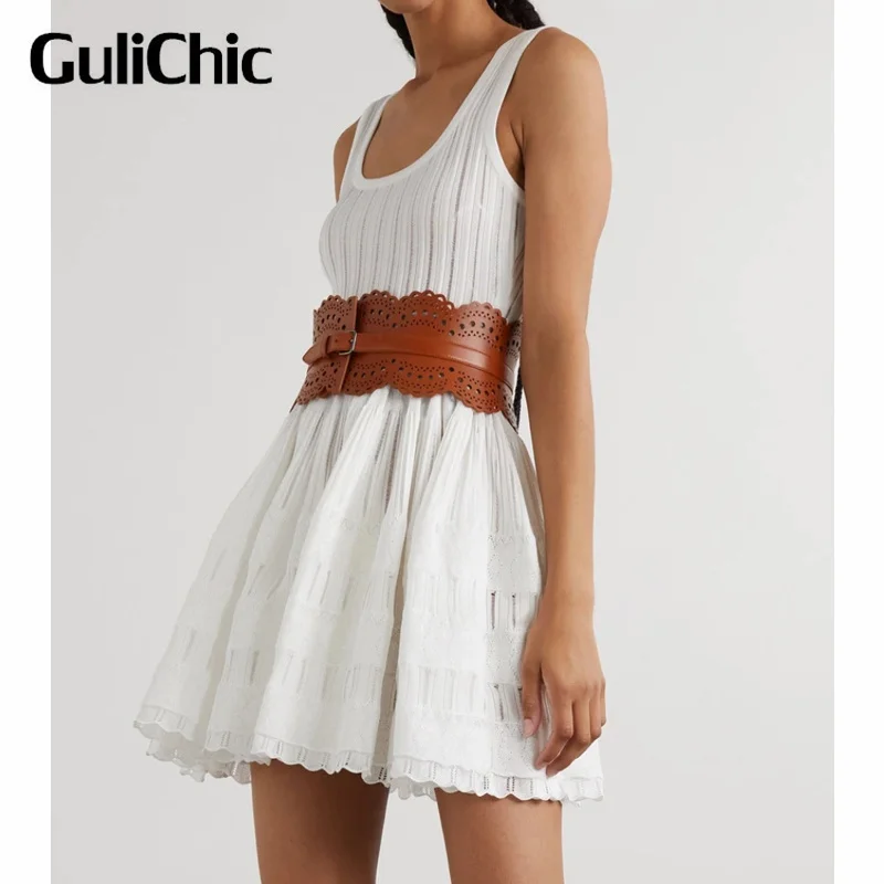 5.11 GuliChic 2024 New Arrives Women\'s Sweet Fashion Openwork Crinoline U-Neck Sleeveless High Waist Slim Elegant Mini Dress