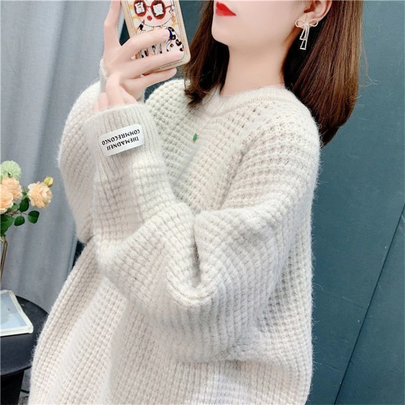 2023 Autumn and Winter Women Casual Streetwear Plush Warm Knitted Sweaters Solid O Neck Long Sleeve Oversized Pullovers Jumpers