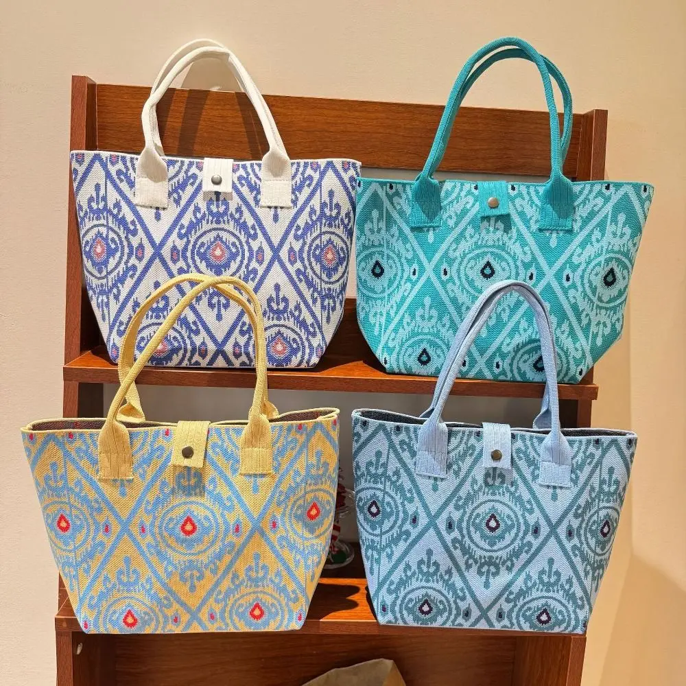 

Fashion Large Capacity Ethnic Style Knitted Bag Geometric Pattern Retro Embroidery Handbag Bohemian Colorful Tote Bag Beach