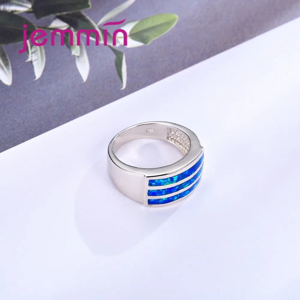 New Arrival Three Bars of Blue Opal Crystal 925 Sterling Silver Ring Rectangle Design Women Wide Band Bijoux
