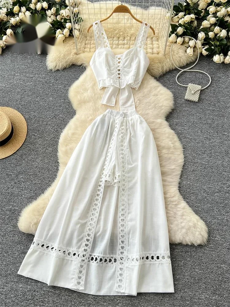 

Holiday Hollow Out Two Pieces Sets Women Strap Backless Mini Camis+Elastic Long Pantskirt Bohe Cotton Embroidery Suits