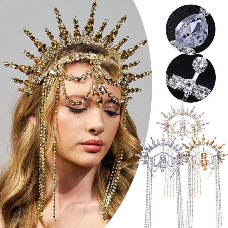 

Drag Queen Rhinestone Crown Headpiece Tassel Hair Chain Crystal Hairband for Women Party Festival Cosplay Stage Accessories