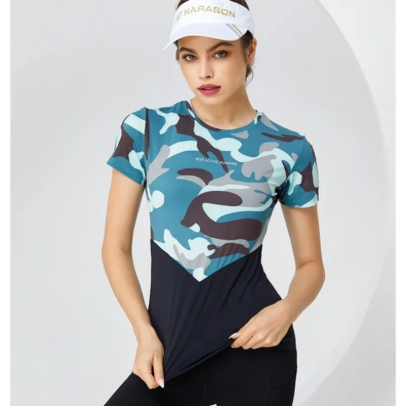 

Women Camouflage Stitching Short Sleeves Running Shirts Gym Fitness Training Slim Tees Outdoor Sport T Shirt Yoga Jogging Tops