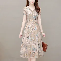 2024 Women's New Summer Elegant Fashion Slim Spliced Simplicity Printed V-Neck Short Sleeve Vacation Floral Gauze Dresses