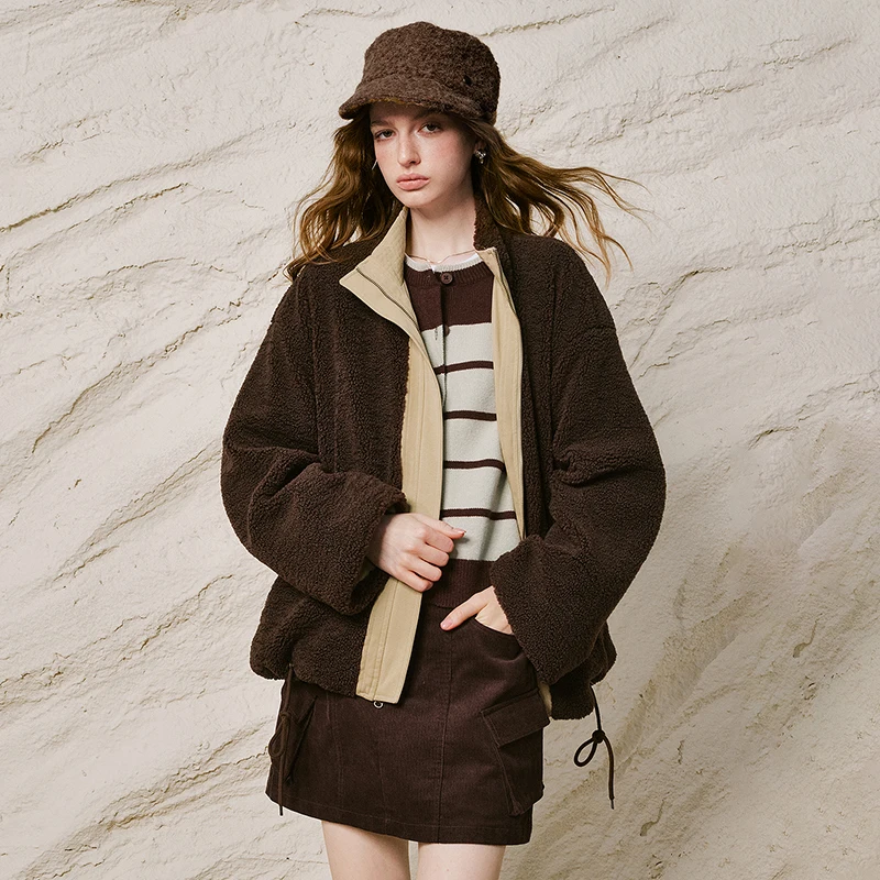 TOYOUTH Women Reversible Stand Collar Coat 2026 Winter New Warm Fleece Cotton Jacket Loose Drop Shoulder Workwear Outerwear