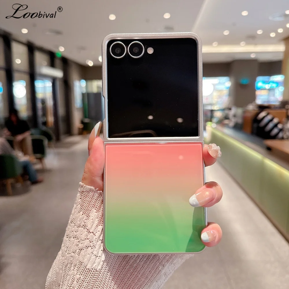 Luxuriöse Farbverlauf-Glas-Hülle mit Farbkontrast für Samsung Galaxy Z Flip 8 7 6 5 ZFlip Flip8, farbenfrohe, ultraflache, stoßfeste Abdeckung