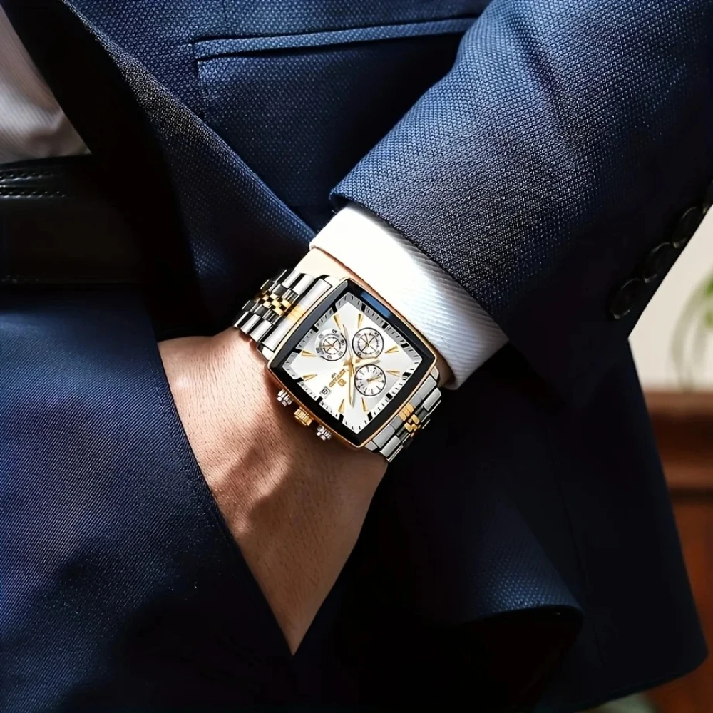 REWARD 81100M Luxury Steel Strip Quartz Men's Watch Square Waterproof Calendar Chronograph Luminous Watches for Men Reloj Hombre