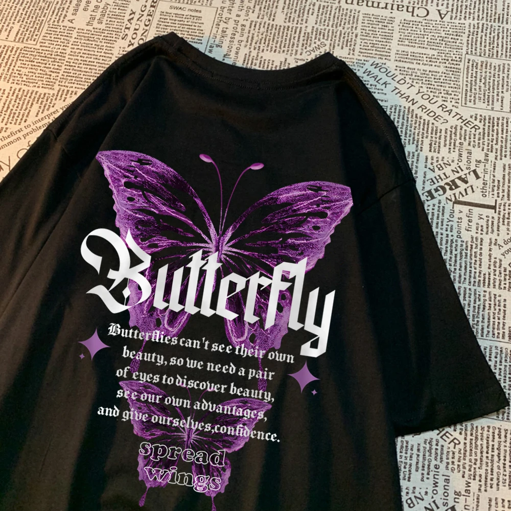 Two Purple Butterflies T Shirts Men Women Crewneck Cute Clothing Cotton Casual T-Shirts Summer Loose Tops Couple Breathable