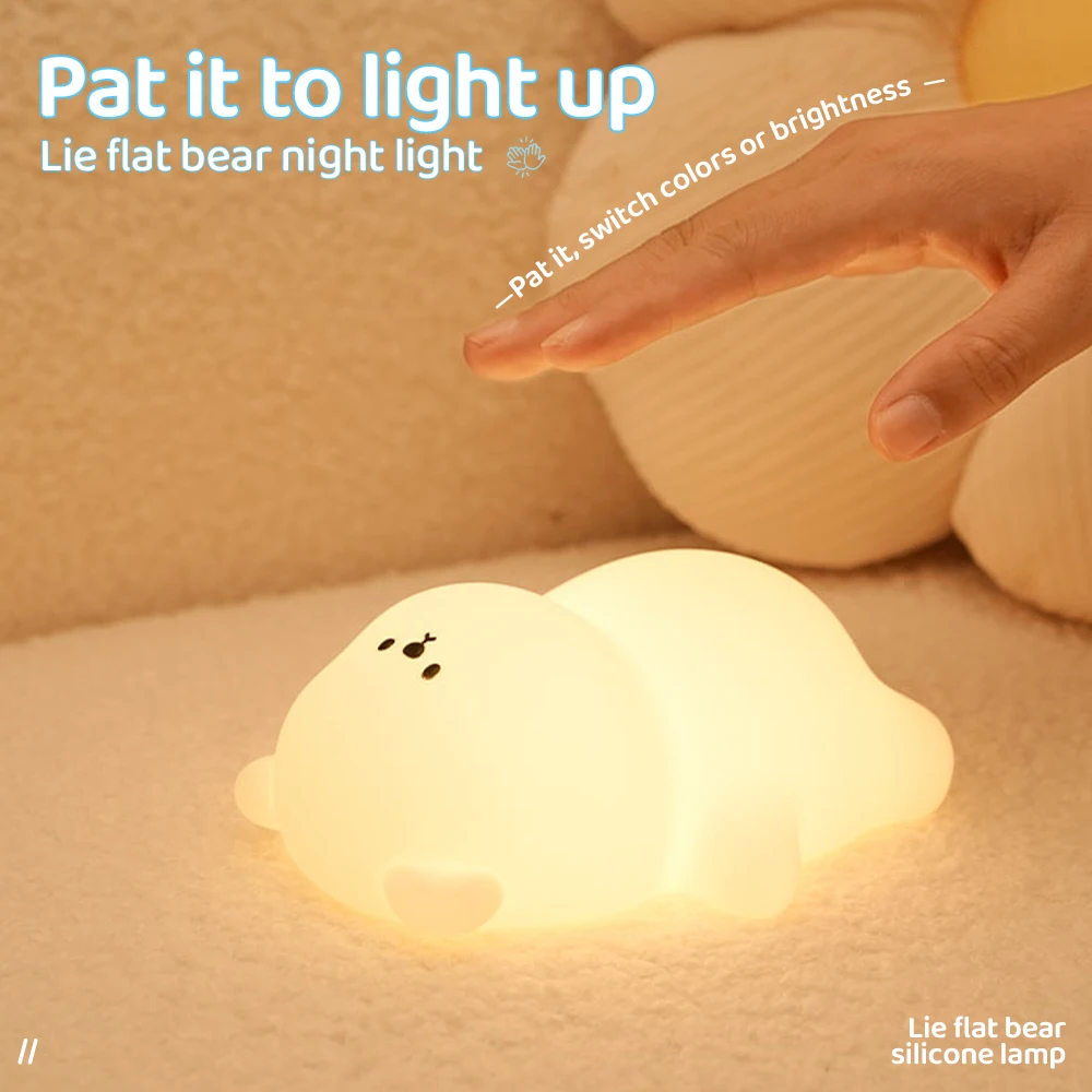 Novelty Lying Bear Night Light 7 Colors Dimmable Kawaii Sleeping Nightlights Touch Control Beside Lamp for Kids Room Decor