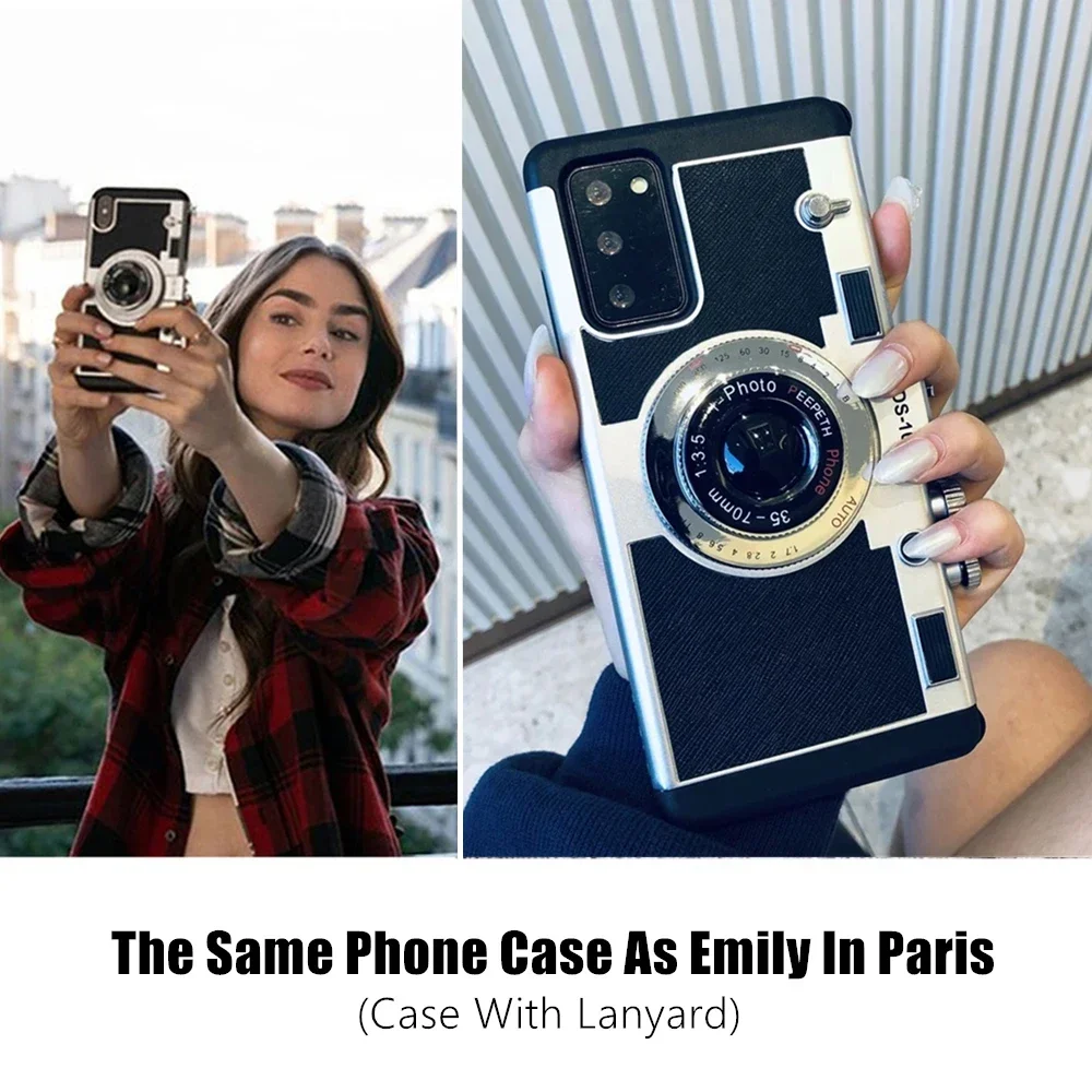 For Samsung Galaxy S24 S23 S22 Ultra S22 Plus S21 Note 20 Ultra Retro Camera Lanyard Phone Case Soft Silicone Shockproof Cover