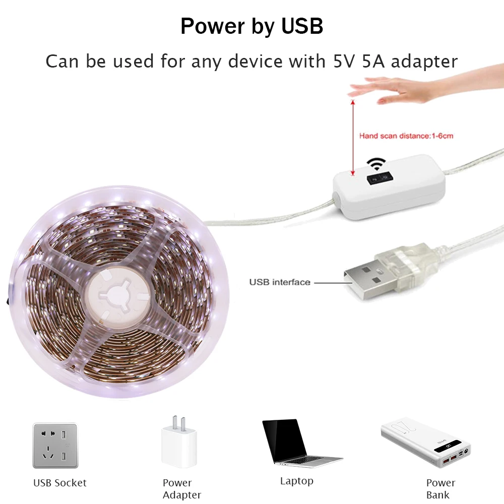 Hand Scan 5V LED Light Strip Sensor Induction 2835 60LEDs/m Flexible Lights Strip for Stairs Corridors Mirrors Bedroom Cabinets