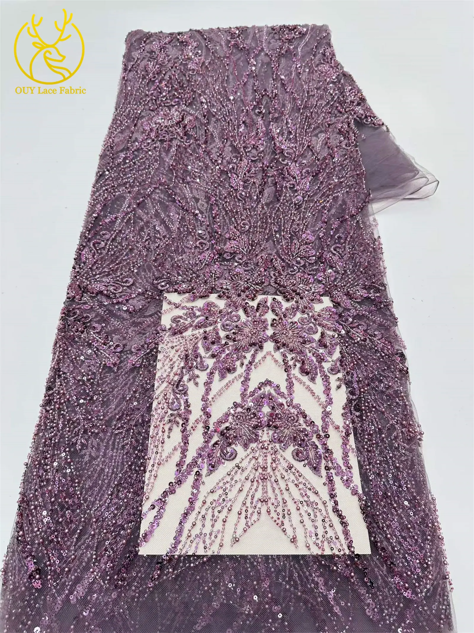 Hochwertiger roter afrikanischer handgefertigter bestickter Perlen-Spitzenstoff 2026 Nigerianische Pailletten-Spitze für Damen Hochzeit Nähen 5 Yards – Detail 7