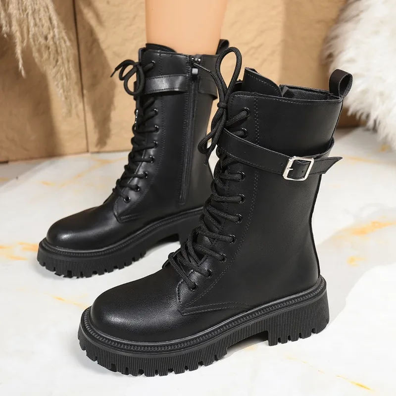 

Mid-leg Boots Fashion Round Toe Side Zipper Belt Buckle Platform Soft Face Non-slip Block Heel Leather Shoes