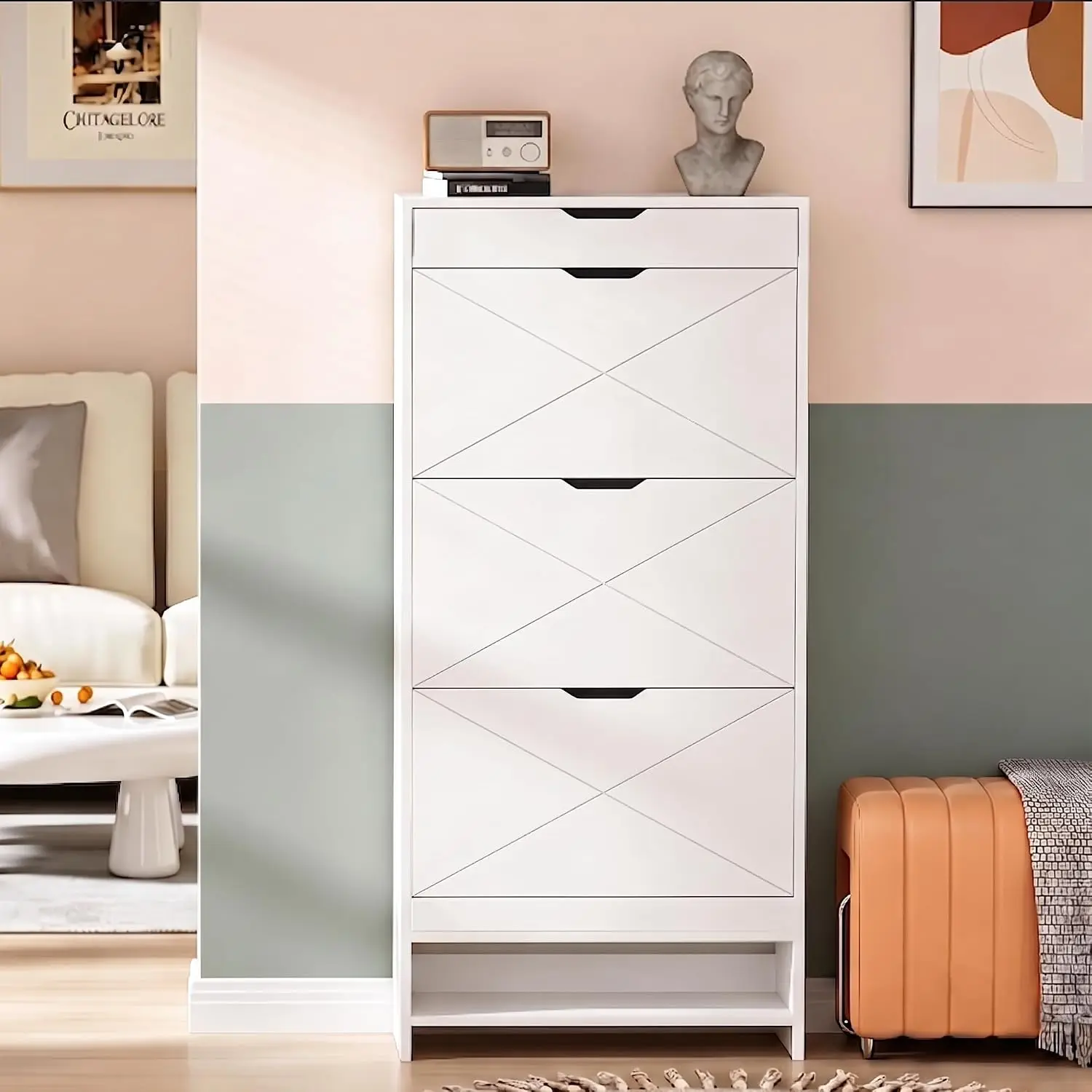 White Slim Shoe Cabinet 3 Flip Drawers Holds 21 Pairs, Customized
