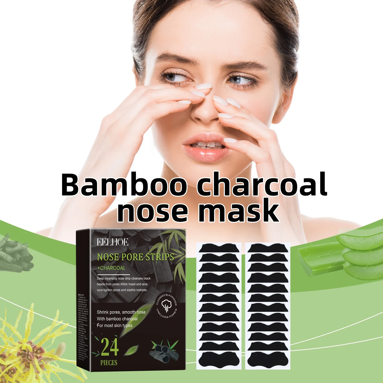 

24pieces Bamboo Charcoal Mask T-zone Care Deeply Cleanses Pores Absorbs Blackheads And Dirt Controls Oil Nose Care Products