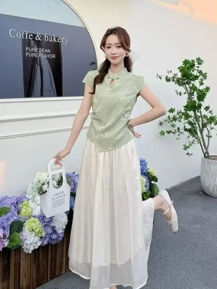 New Chinese Style Women's Summer Short Sleeve Top And Skirt Set High-End Feelings National Trend Loose Fit Regular Length
