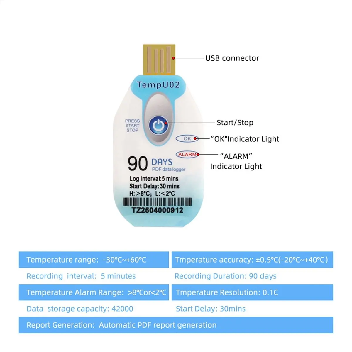 Top Sale USB Temperature Data Logger Disposable 90 Days PDF Datalogger Waterproof Temp Recorder Transport Food Seafood Recorder