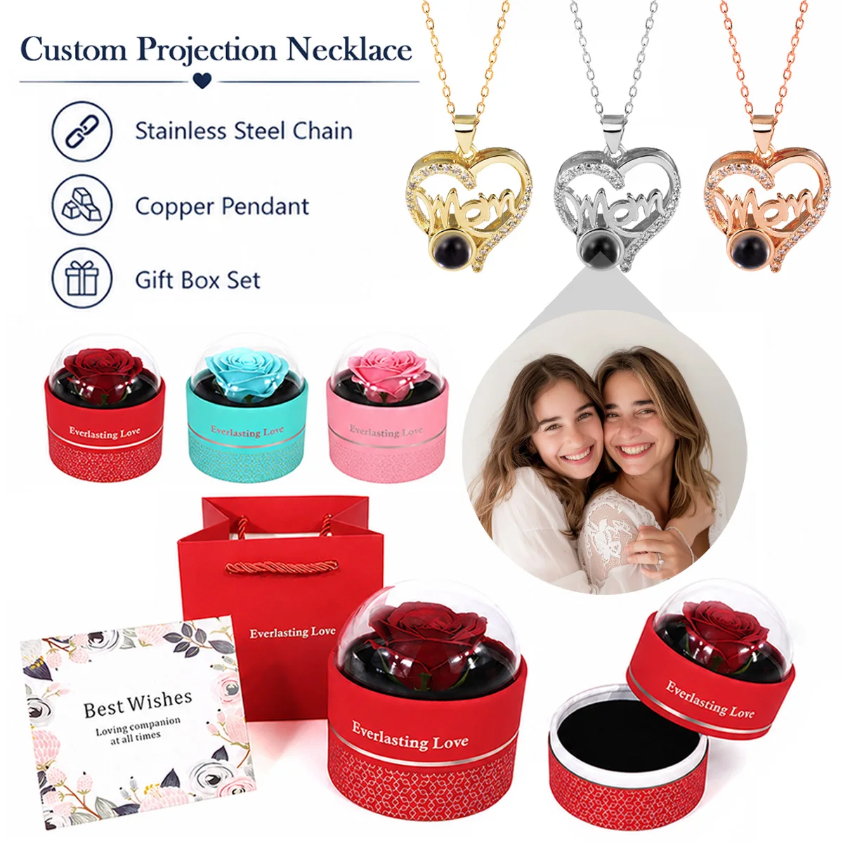 Custom Photo Projection The Letter 'mom' Heart Necklace Rose Gift Box Stainless Steel Chain Anniversary Mother's Day For Women