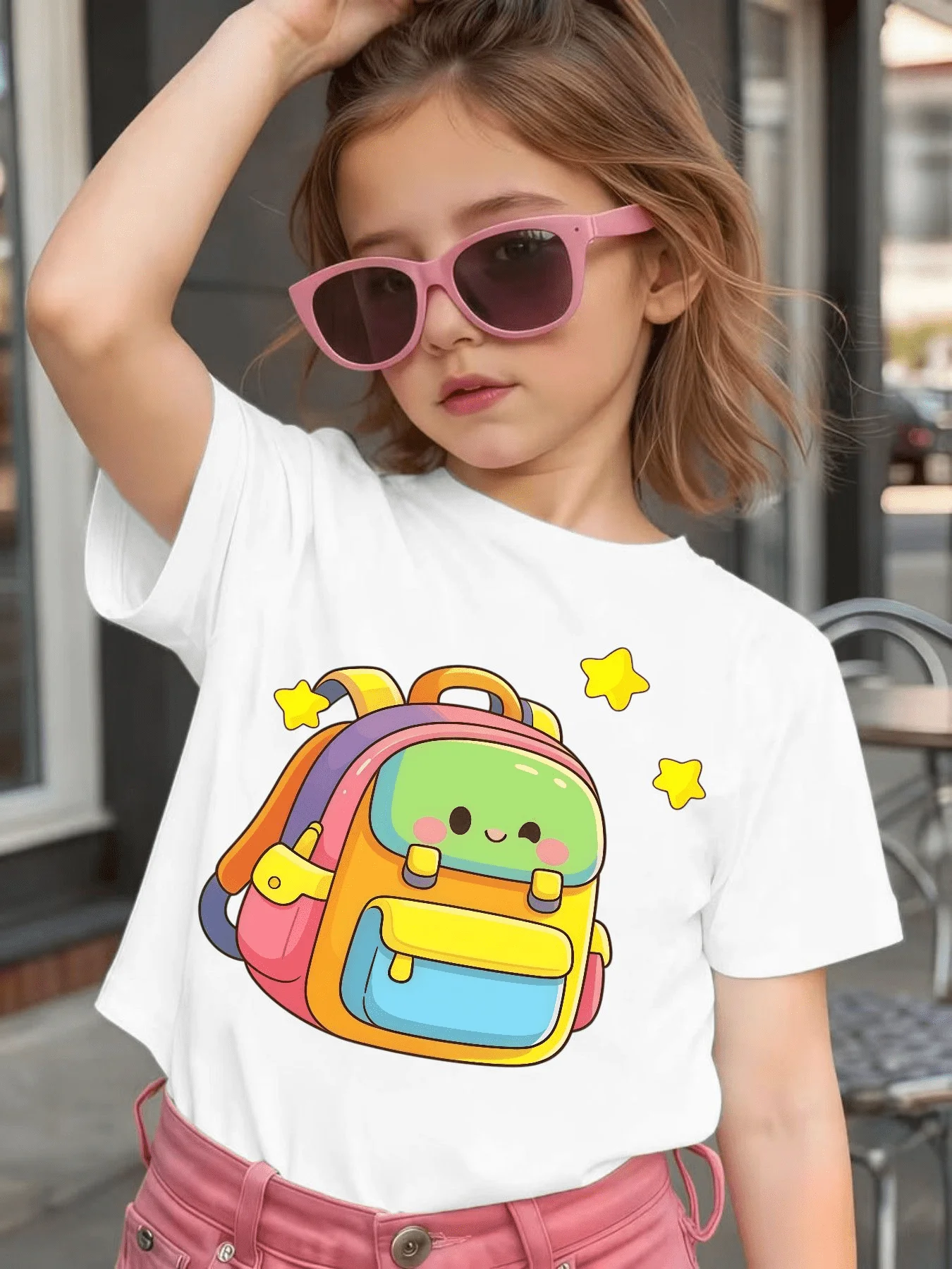 Cute Cartoon Backpack With Stars Graphic Kids Tee Boys Girls Family Matching Cotton Crew Neck Short Sleeve Soft Summer Tee