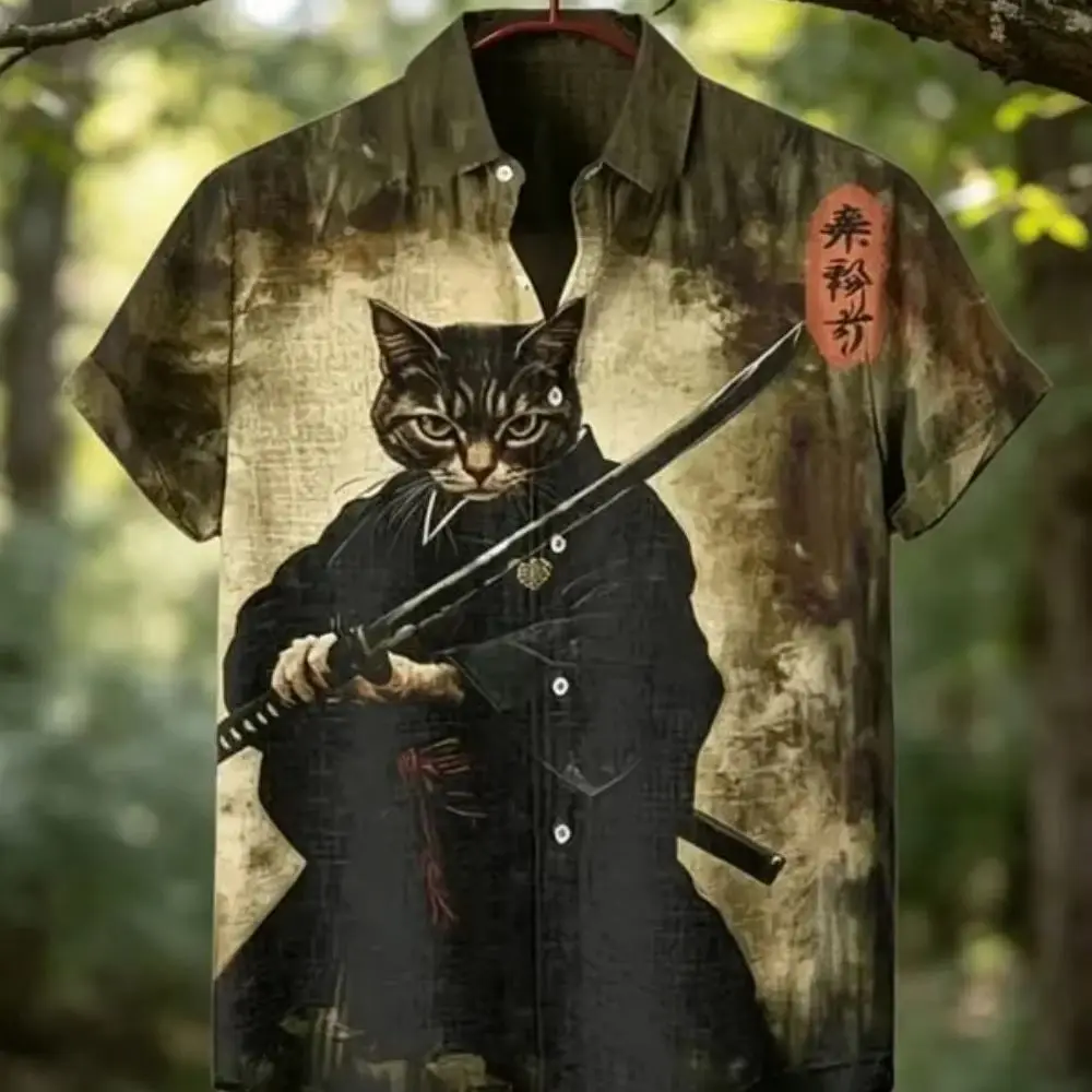 New Navy Blue Cherry Blossom Black and White Cat Oil Painting Printed vintage Men's Short-Sleeved Casual Shirt