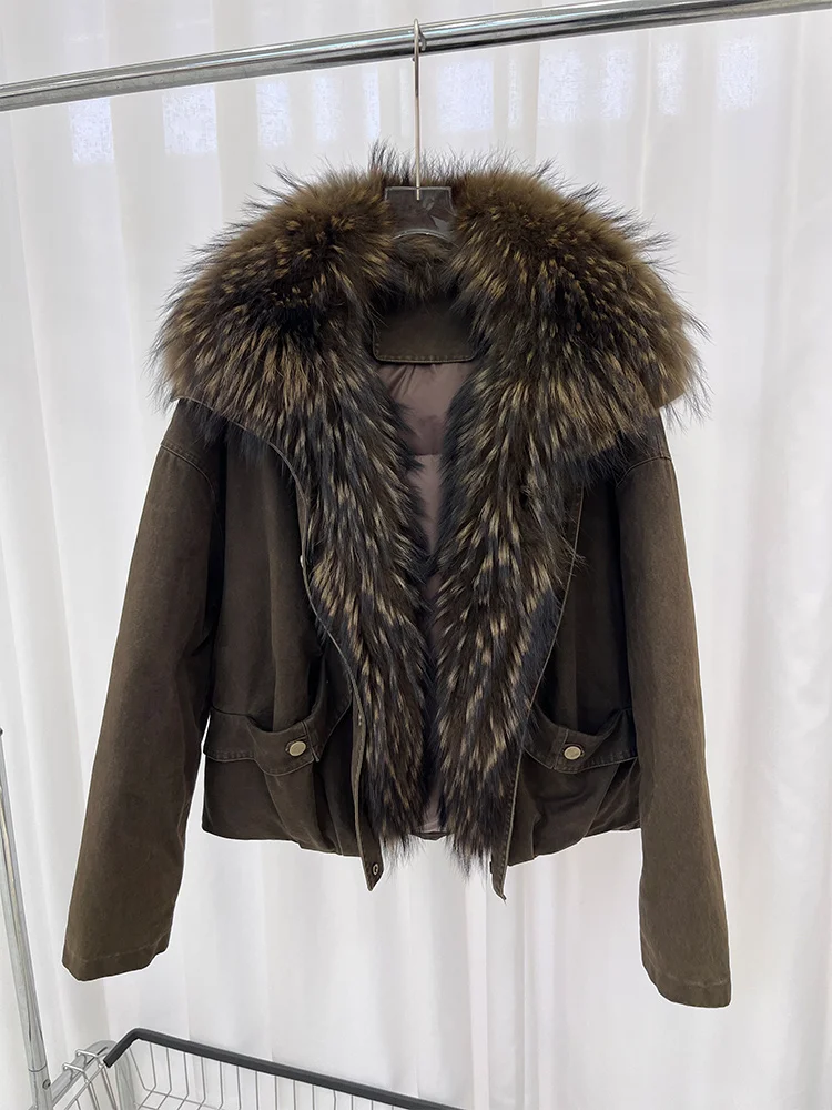 2025 نساء شتاء دافئ الطبيعية الراكون الفراء طوق أوزة أسفل السترات معطف سميك ملابس خارجية غير رسمية الإناث سترات منتفخة #4