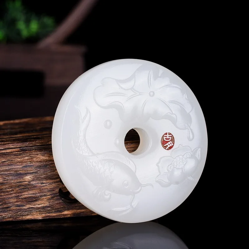 

Natural Afghan White Jade Carp, Ping An Buckle Pendant, Fashion Boutique Jewelry Men's and Female Lotus Necklace Gifts